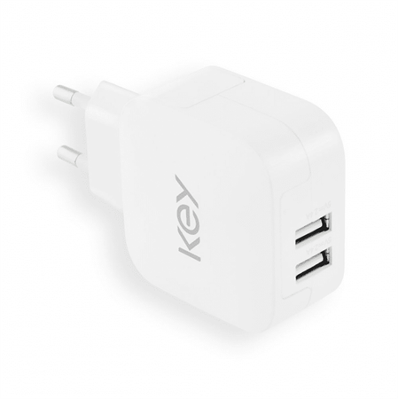 Key Wall Charger, 2 x USB-A 4.8A - White