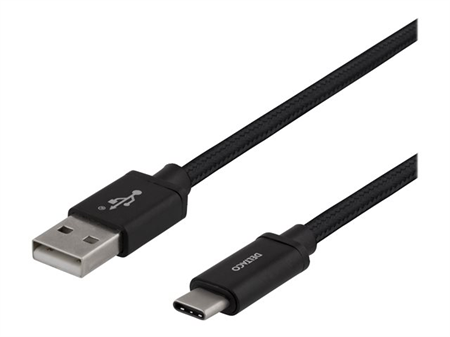 Deltaco USB-A till USB-C-kabel, 1m, USB 2.0, flätad, svart